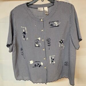 Vintage Koret Francisca Navy Gingham Embroidered Beaded Scalloped Blouse Top XLP